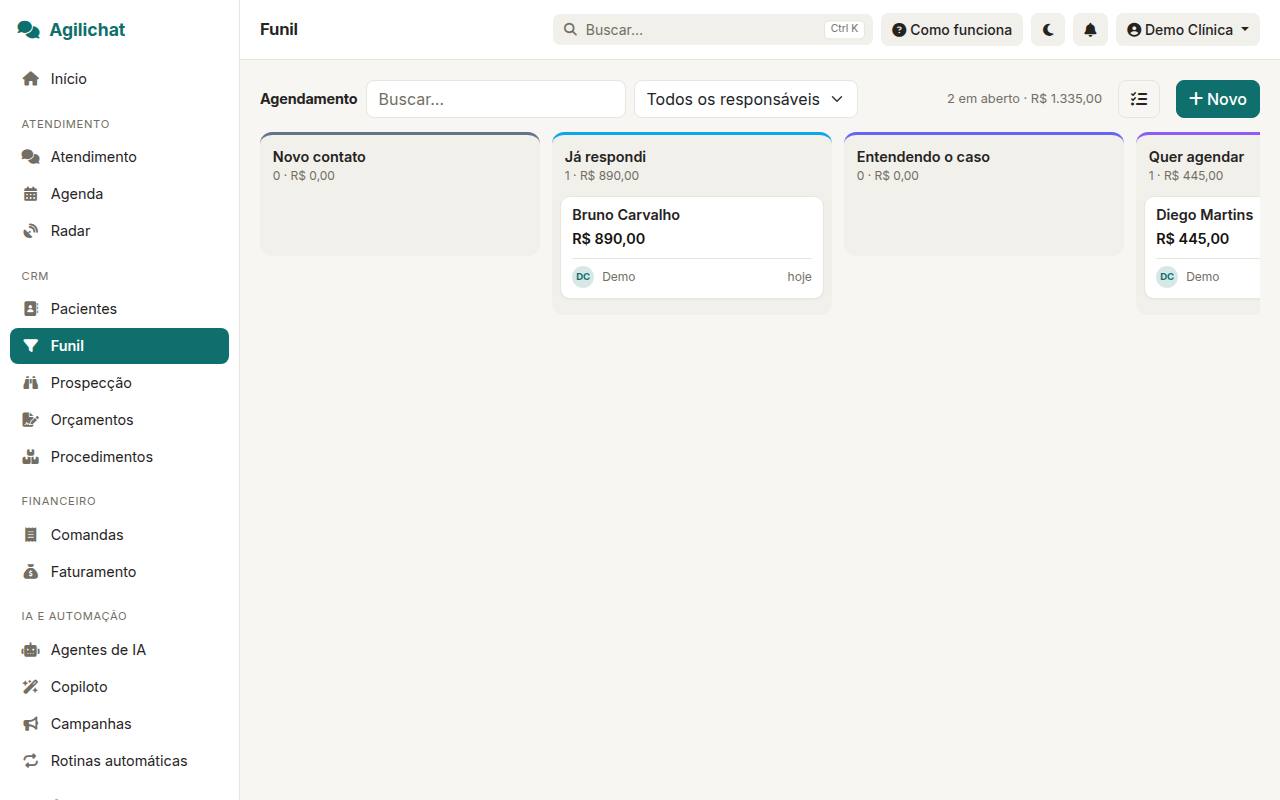Funil de vendas em kanban no Agilichat, com as etapas Novo contato, Já respondi, Entendendo o caso e Quer agendar